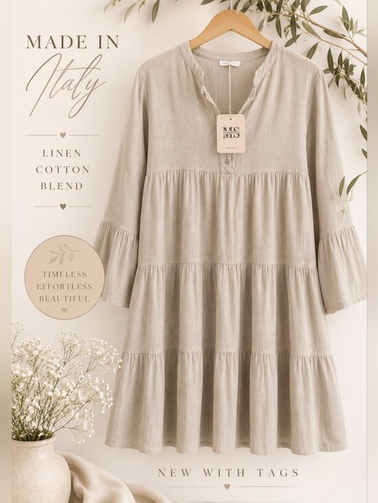 M Made In Italy Dresses & Skirts - Made in Italy Linen Cotton Blend Tiered Mini Dress Tunic Large NWT Neutral Beige
